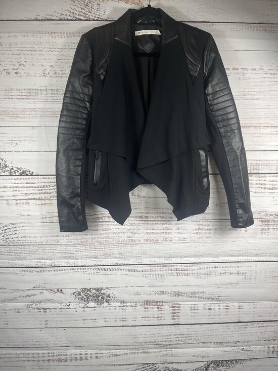blanc noir Jackets & Blazers - Blanc Noir Jacket Womens Small Black Faux Leather Moto Drape Open Front Quilted